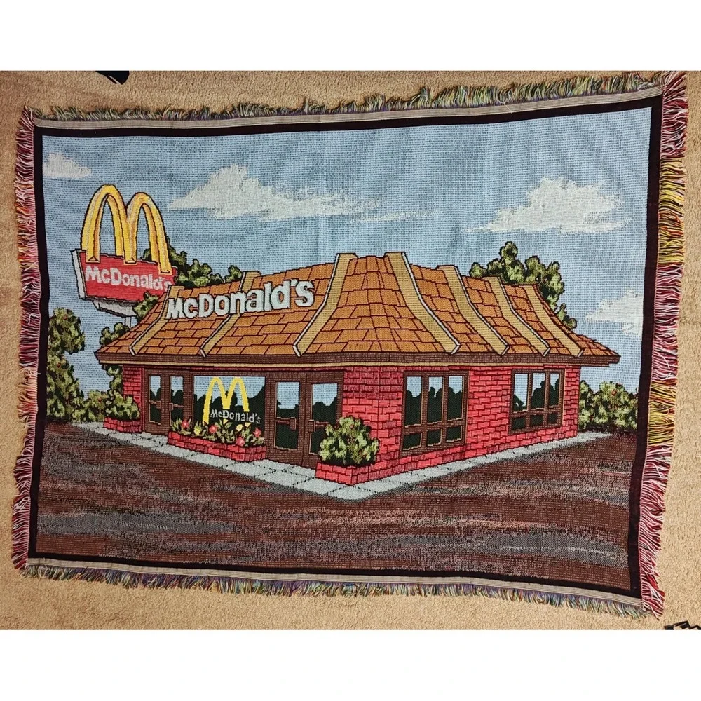 Vintage McDonalds Woven Tapestry Blanket Blue Red Vintage Retro Restaurant USA